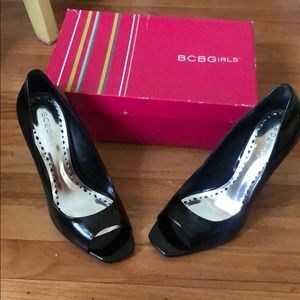BCBG girls patent leather black open toe stilettos